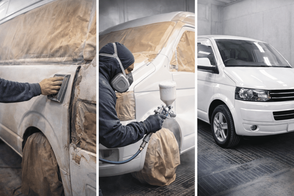 van respray cost explained through campervan preparation, spray painting and finished result in UK workshop