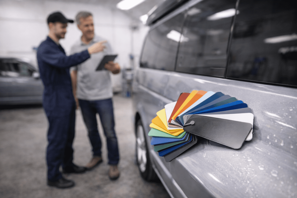 Campervan respray colour selection using paint swatches during a professional consultation in a UK workshop