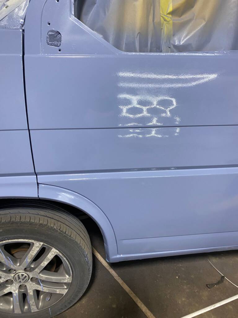 VW T4 full respray close-up of panel after colour application and clear coat