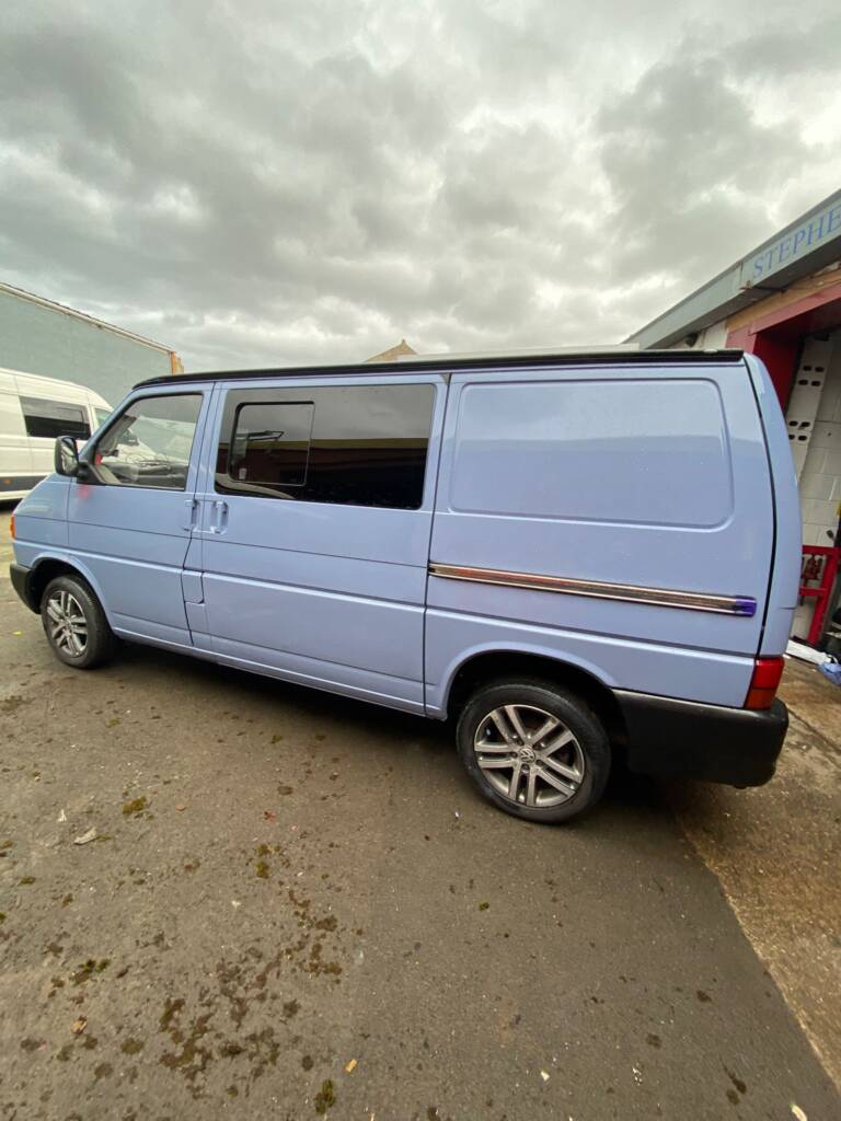 VW T4 full respray finished campervan in light blue paint after restoration