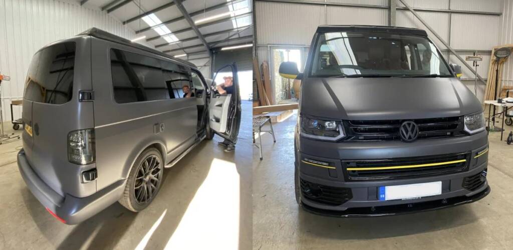 Volkswagen Transporter matte grey van respray with smooth satin finish photographed inside a professional spray workshop