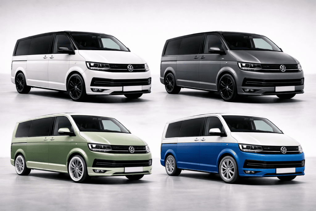 Two-tone van respray with contrasting colour combinations including white and black, grey and black, and blue and white finishes