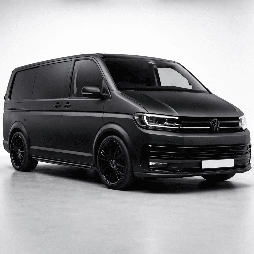 Matte and satin black van respray showing a premium stealth finish with smooth automotive paint texture